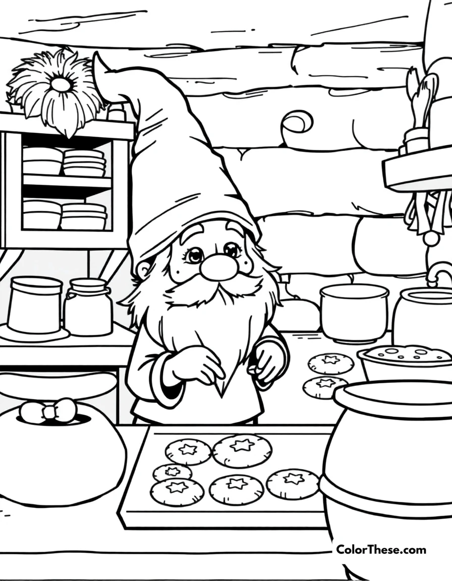 Free printable gnome baking cookies coloring page for kids and adults. A gnome baking cookies in a cozy kitchen.