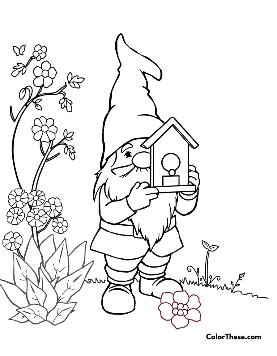 Free printable gnome with a birdhouse coloring page for kids and adults. A gnome holding a birdhouse in a garden.