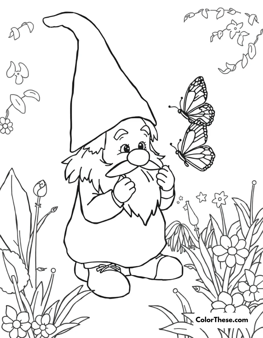 Free printable gnome with a butterfly coloring page for kids and adults. A gnome watching a butterfly in a garden.
