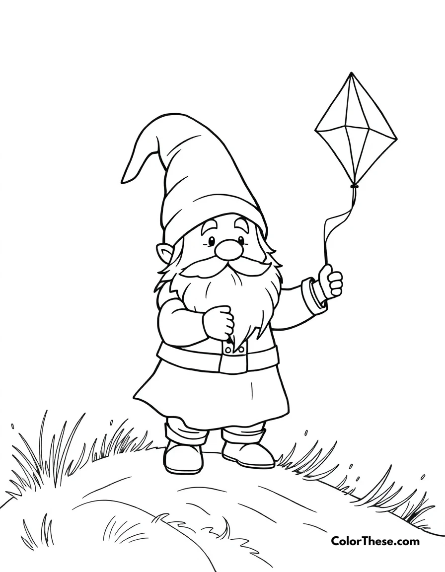 Free printable gnome with a kite coloring page for kids and adults. A gnome flying a kite on a windy day.