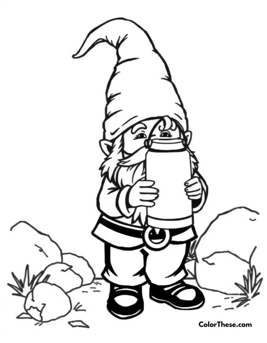 Free printable gnome with a lantern coloring page for kids and adults. A gnome holding a glowing lantern in the dark.