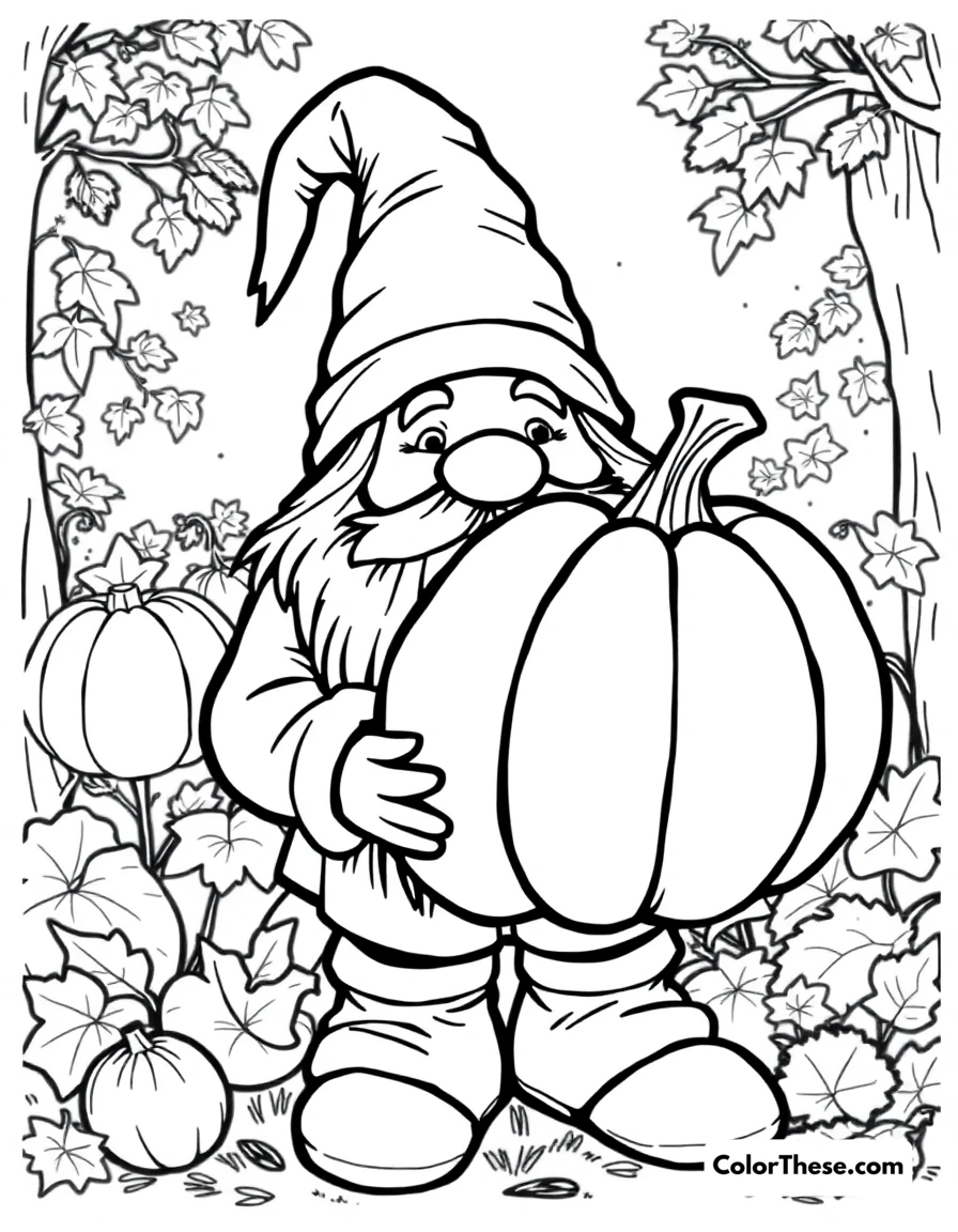 Free printable gnome with a pumpkin coloring page for kids and adults. A gnome holding a large pumpkin in a fall setting.