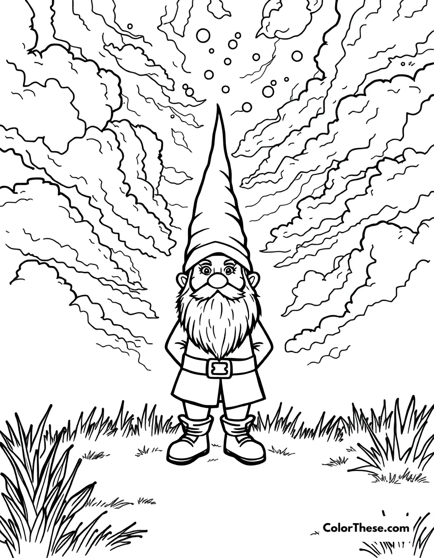 Free printable gnome with a rainbow coloring page for kids and adults. A gnome standing under a vibrant sky.