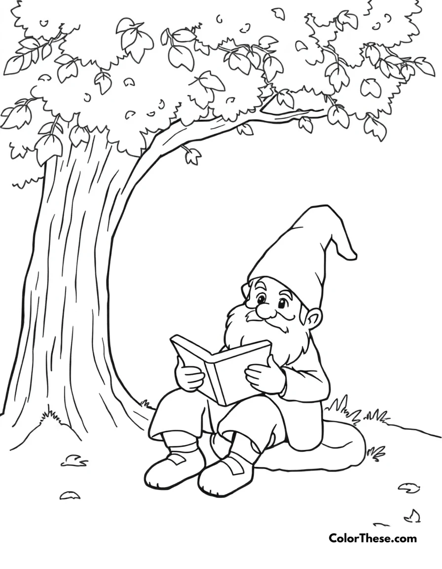 Free printable gnome reading a book coloring page for kids and adults. A gnome sitting under a tree, reading a book.