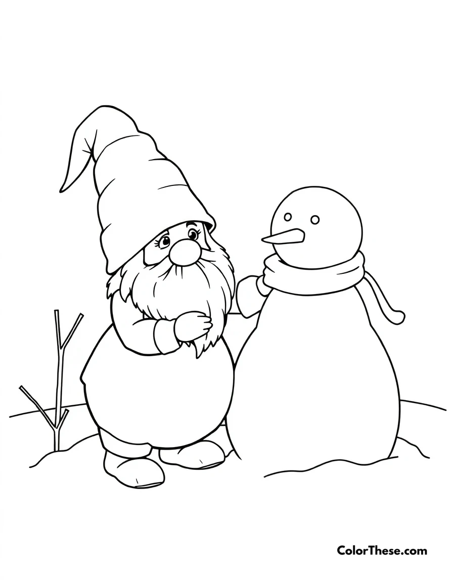 Free printable gnome with a snowman coloring page for kids and adults. A gnome building a snowman in the winter.