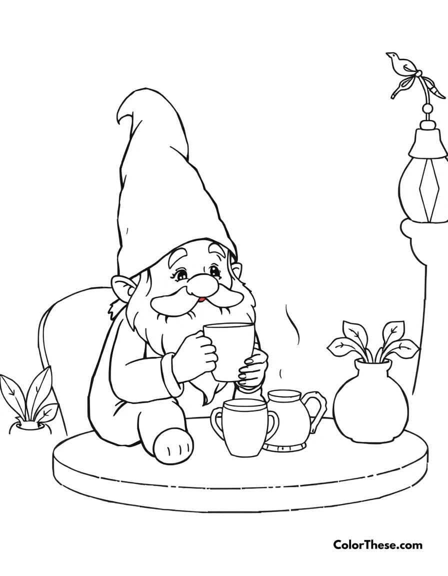 Free printable gnome with a tea set coloring page for kids and adults. A gnome enjoying tea in a cozy setting.