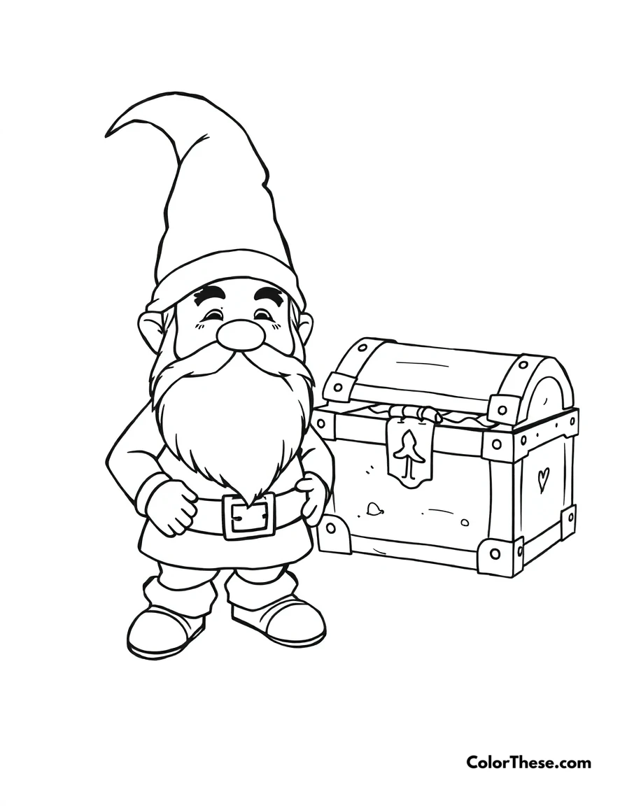Free printable gnome with a treasure chest coloring page for kids and adults. A gnome standing next to a treasure chest.