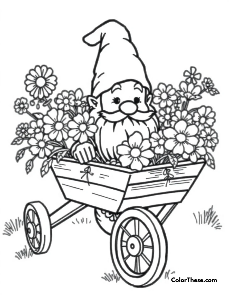 Free printable gnome with a wheelbarrow coloring page for kids and adults. A gnome pushing a wheelbarrow filled with flowers.