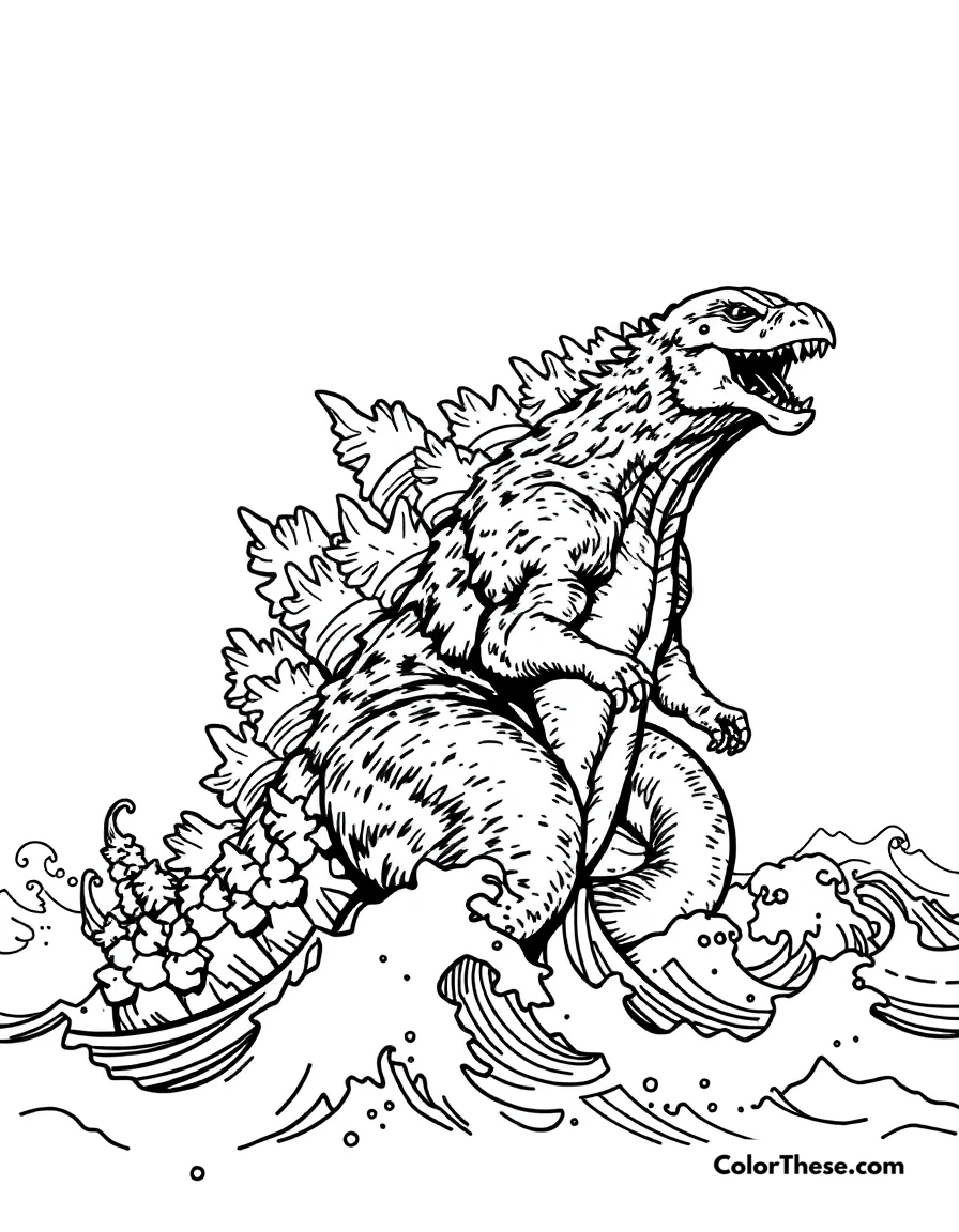 Free printable godzilla emerging from the ocean coloring page for kids and adults. Godzilla rising from the ocean waves.