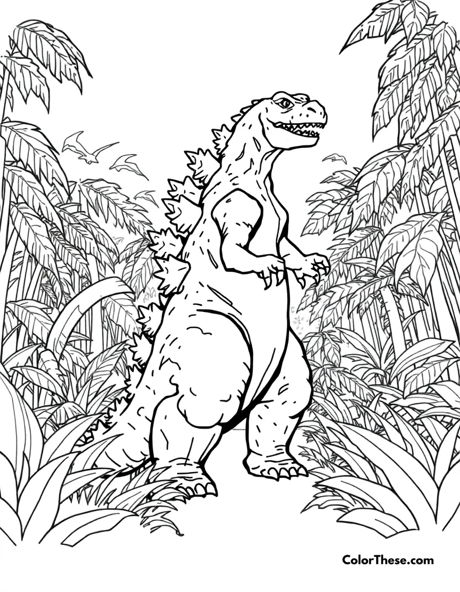 Free printable godzilla in a jungle coloring page for kids and adults. Godzilla standing in a dense jungle.