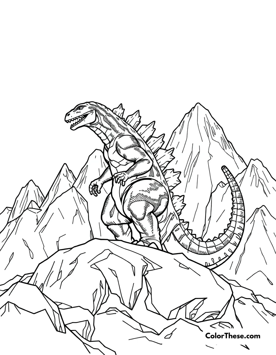 Free printable godzilla in a mountain range coloring page for kids and adults. Godzilla standing in a rugged mountain range.