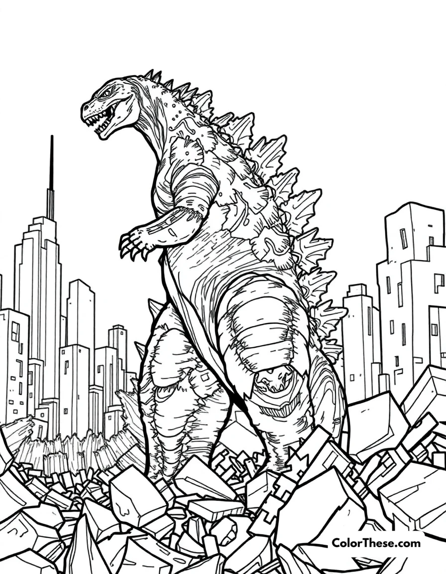 Free printable godzilla in a ruined city coloring page for kids and adults. Godzilla standing in the ruins of a destroyed city.