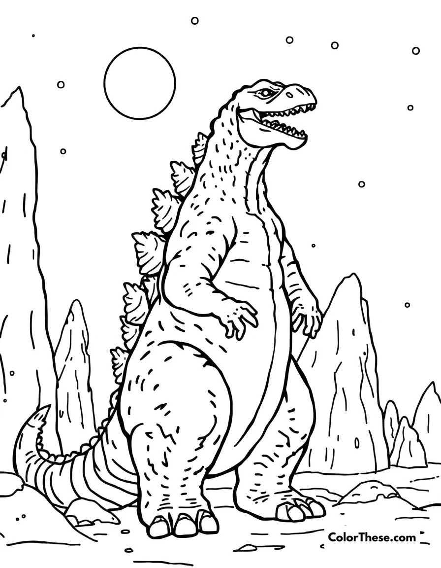 Free printable godzilla in a snowy landscape coloring page for kids and adults. Godzilla standing in a snowy, icy landscape.