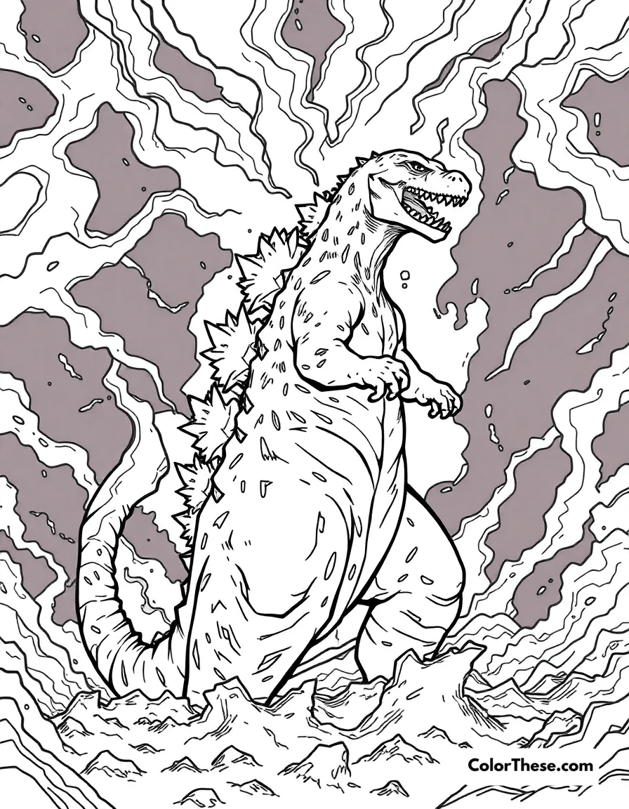 Free printable godzilla in a storm coloring page for kids and adults. Godzilla standing amidst a raging storm.