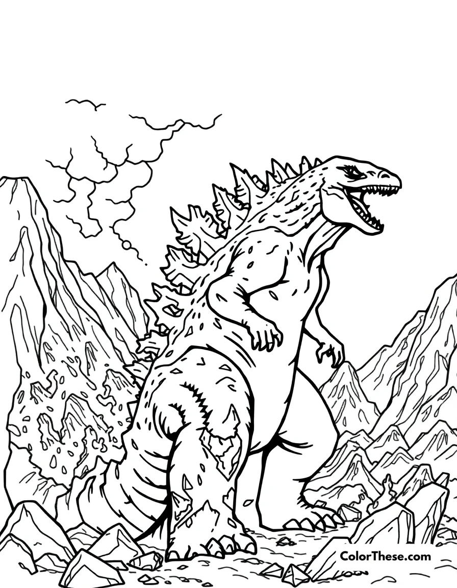 Free printable godzilla in a volcanic landscape coloring page for kids and adults. Godzilla standing in a fiery volcanic landscape.