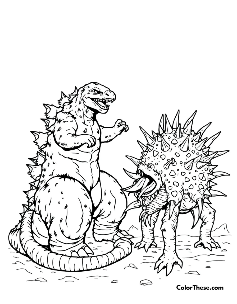 Free printable godzilla vs. anguirus coloring page for kids and adults. Godzilla battling the spiky monster, Anguirus.
