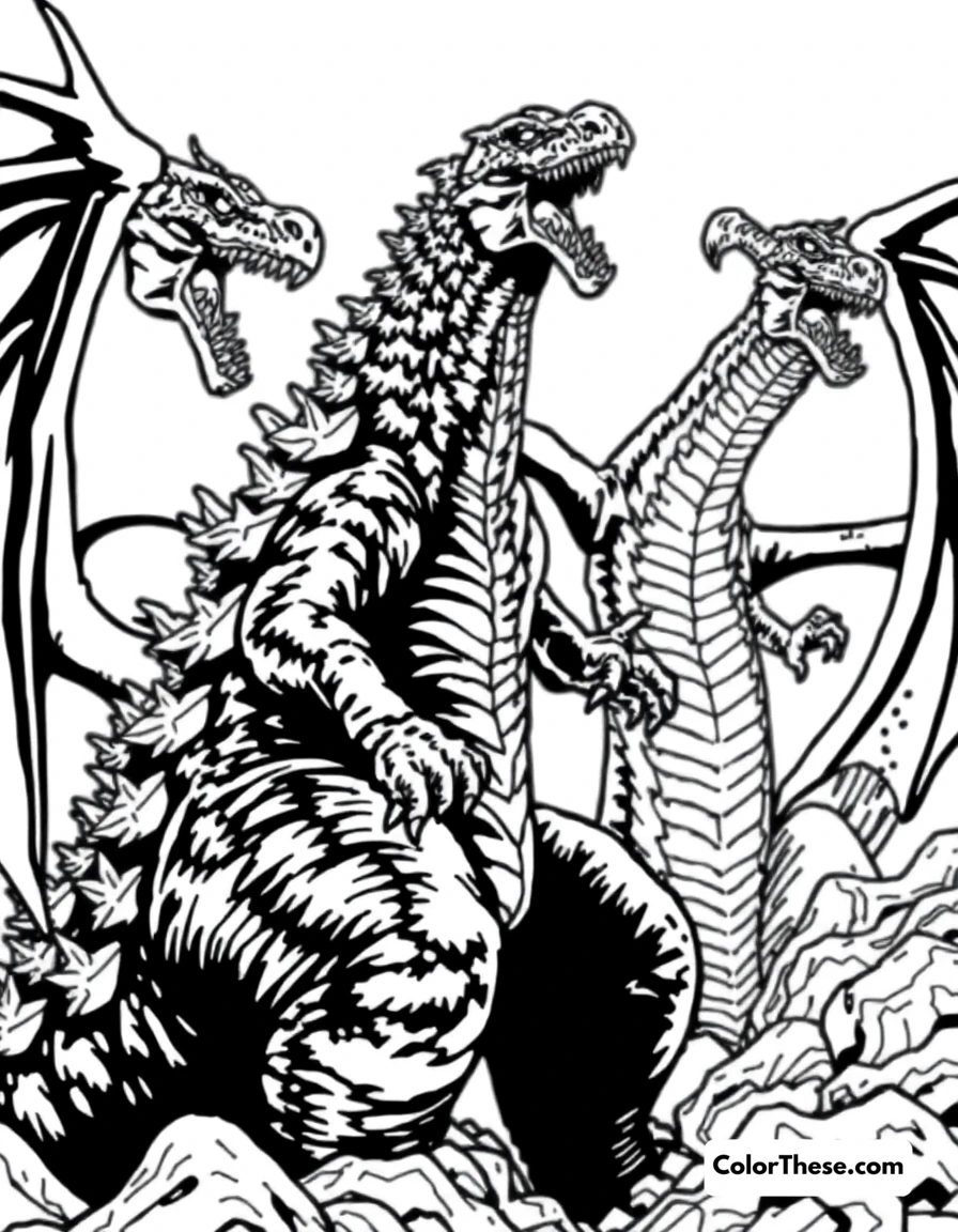 Free printable godzilla vs. king ghidorah coloring page for kids and adults. Godzilla battling the three-headed dragon, King Ghidorah.