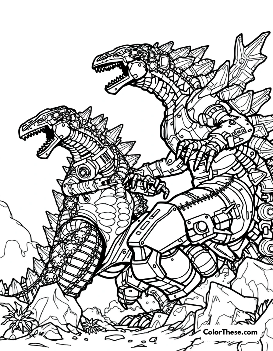 Free printable godzilla vs. mechagodzilla coloring page for kids and adults. Godzilla battling the robotic Mechagodzilla.