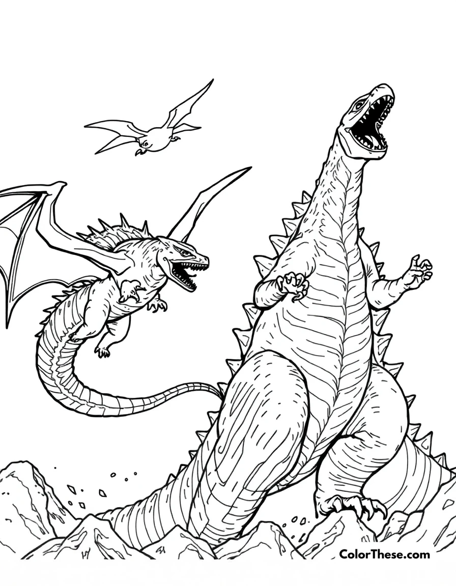 Free printable godzilla vs. rodan coloring page for kids and adults. Godzilla battling the flying monster, Rodan.