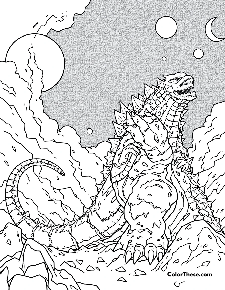 Free printable godzilla vs. spacegodzilla coloring page for kids and adults. Godzilla battling the cosmic SpaceGodzilla.
