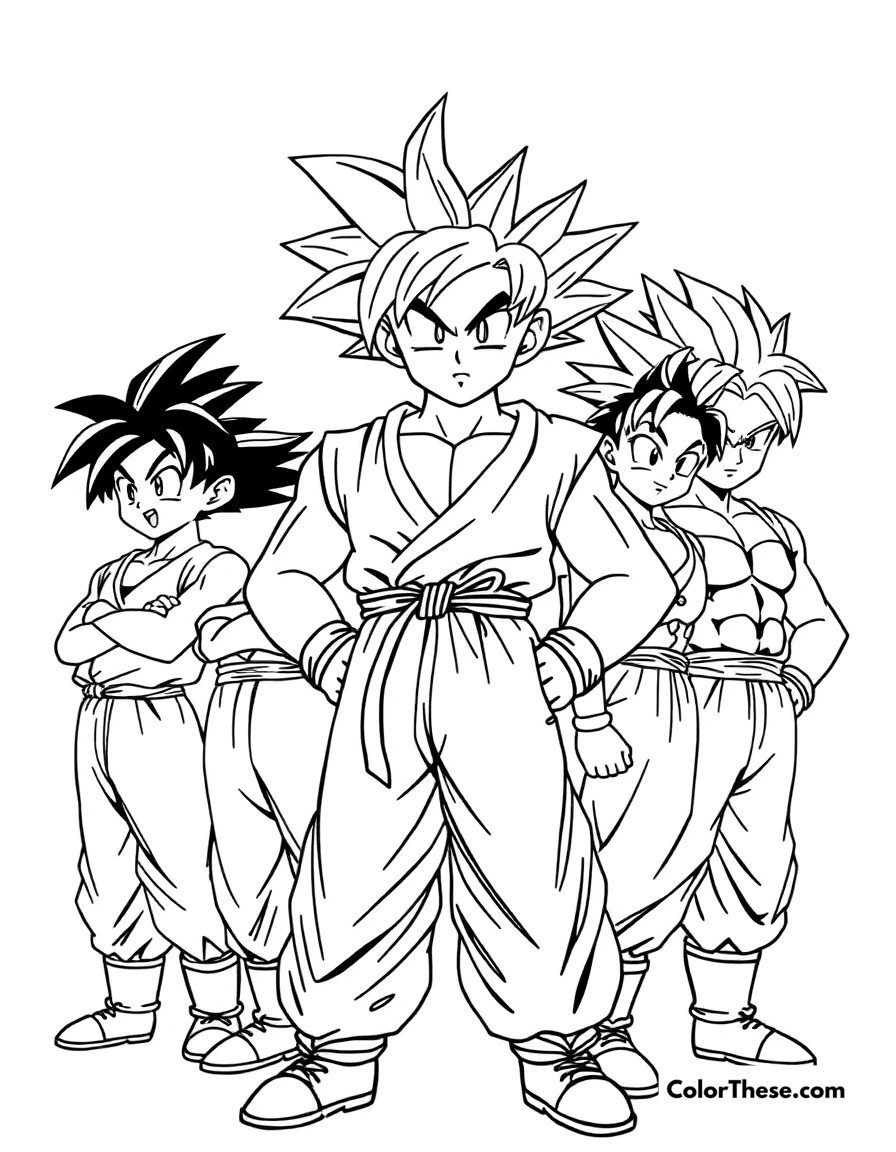 Free printable goku and his friends coloring page for kids and adults. Goku (Dragon Ball) standing with his friends, ready for adventure.