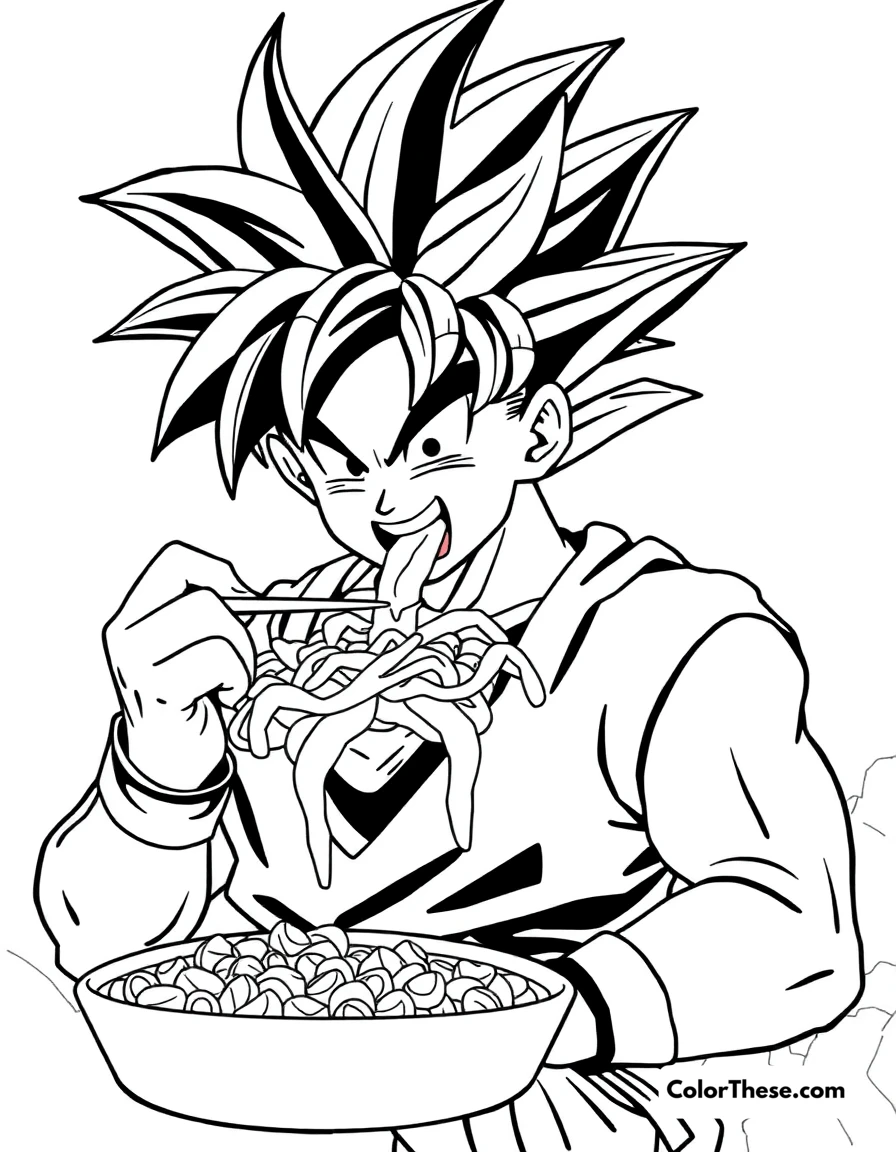 Free printable goku eating a feast coloring page for kids and adults. Goku (Dragon Ball) enjoying a massive meal after training.