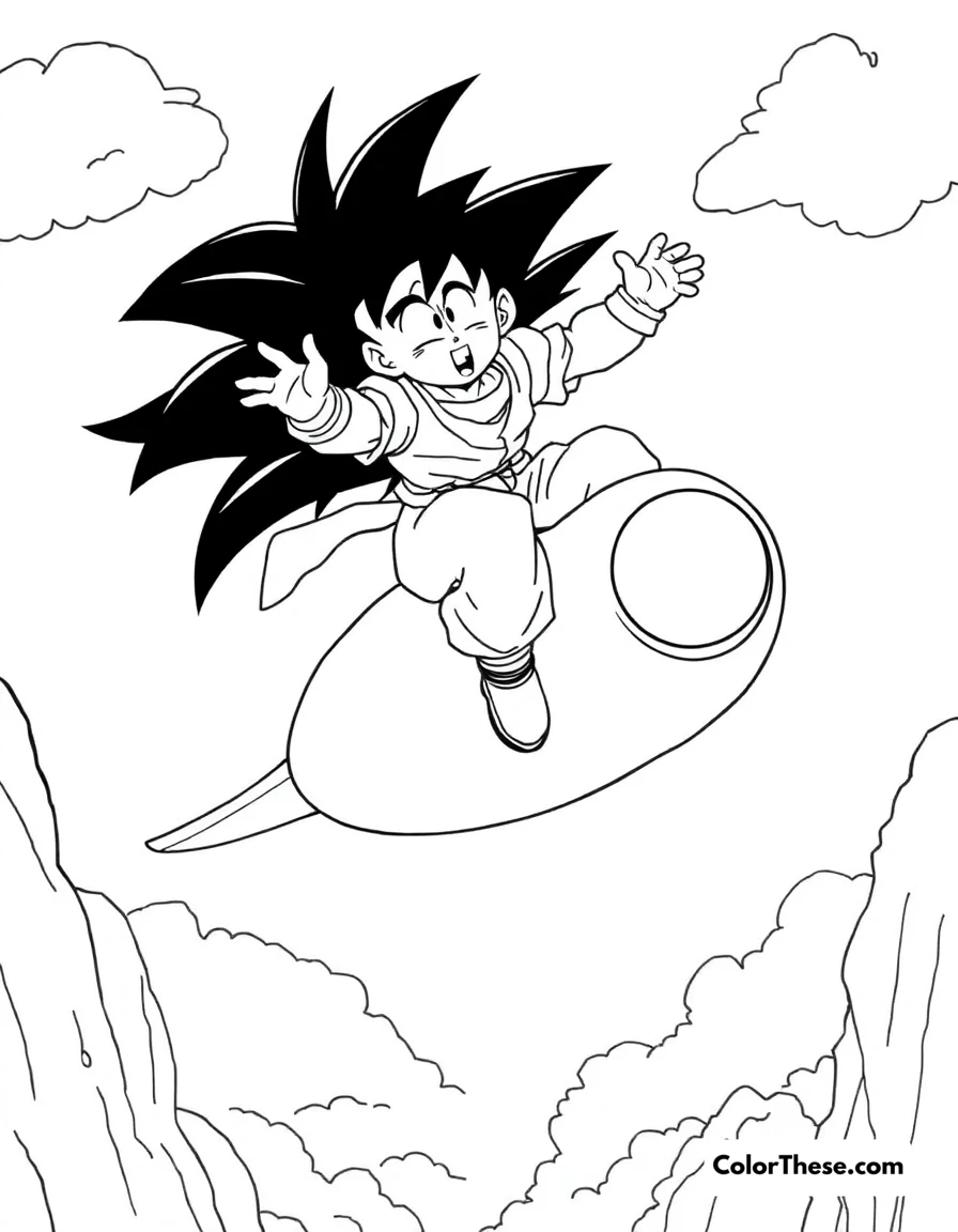 Free printable goku riding the flying nimbus coloring page for kids and adults. Goku (Dragon Ball) riding the Flying Nimbus through the sky.