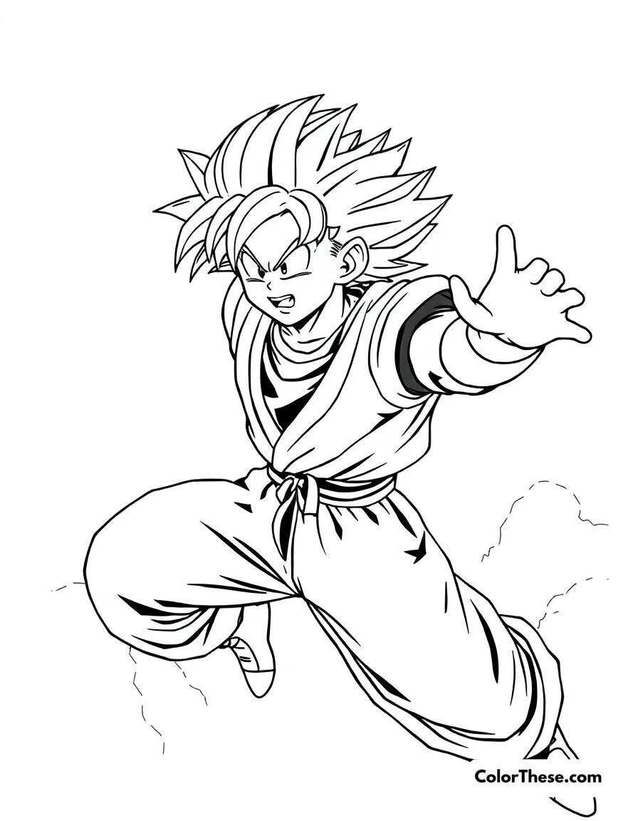 Free printable goku flying through the sky coloring page for kids and adults. Goku (Dragon Ball) soaring through the sky with a determined look.