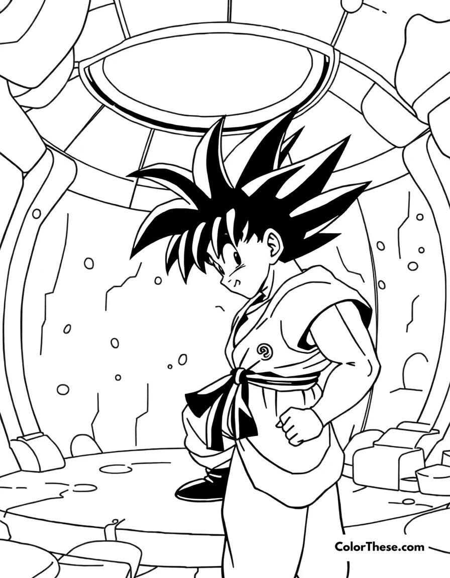 Free printable goku in the hyperbolic time chamber coloring page for kids and adults. Goku (Dragon Ball) training in the Hyperbolic Time Chamber.