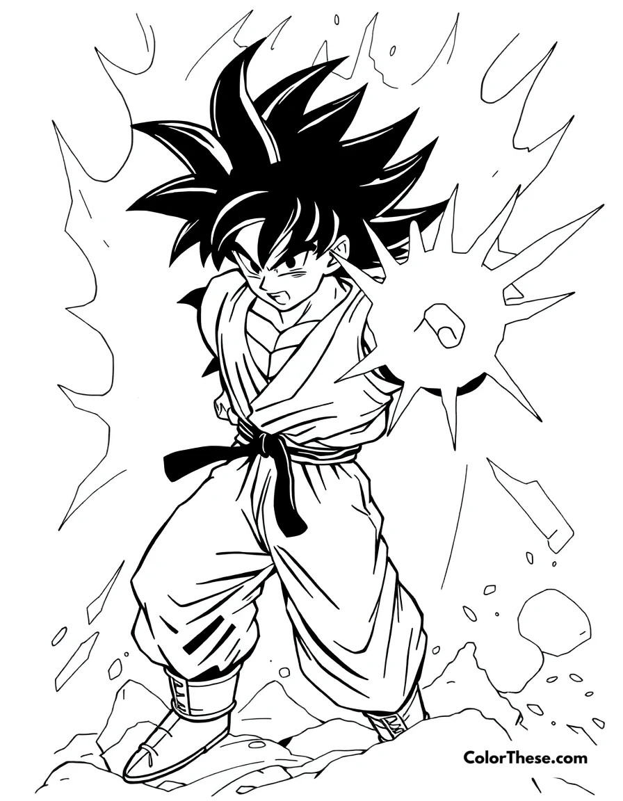 Free printable goku using the kamehameha coloring page for kids and adults. Goku (Dragon Ball) unleashing his signature Kamehameha attack.