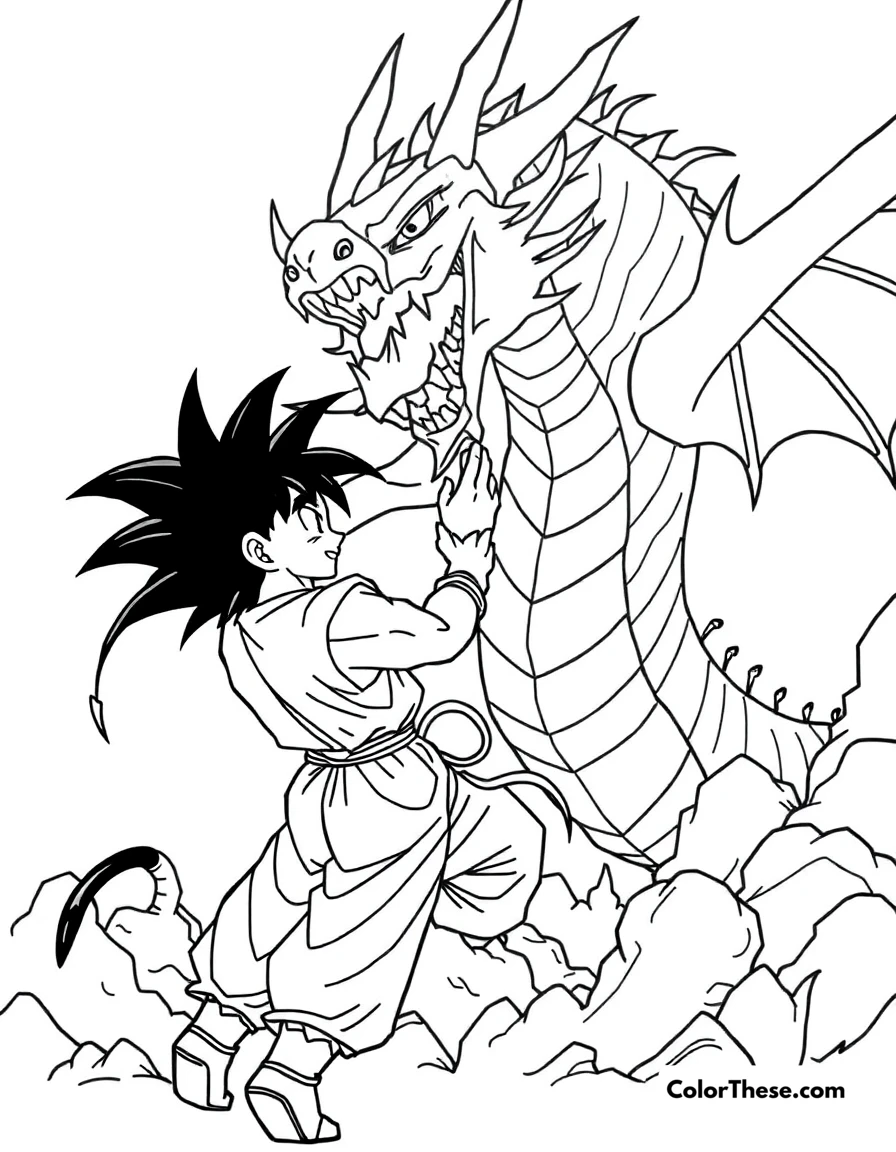Free printable goku and shenron coloring page for kids and adults. Goku (Dragon Ball) summoning Shenron, the Eternal Dragon.