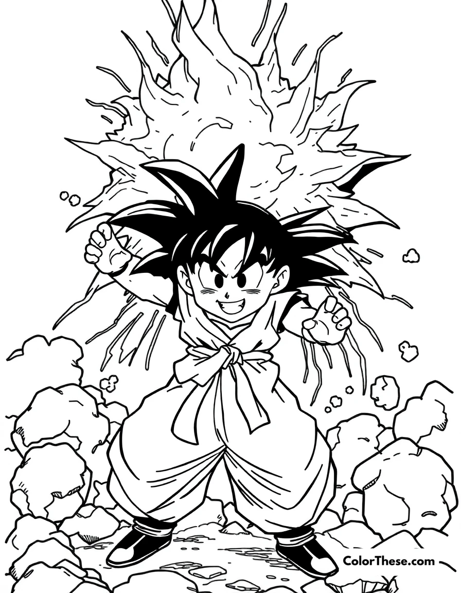 Free printable goku in the spirit bomb pose coloring page for kids and adults. Goku (Dragon Ball) gathering energy for the Spirit Bomb.