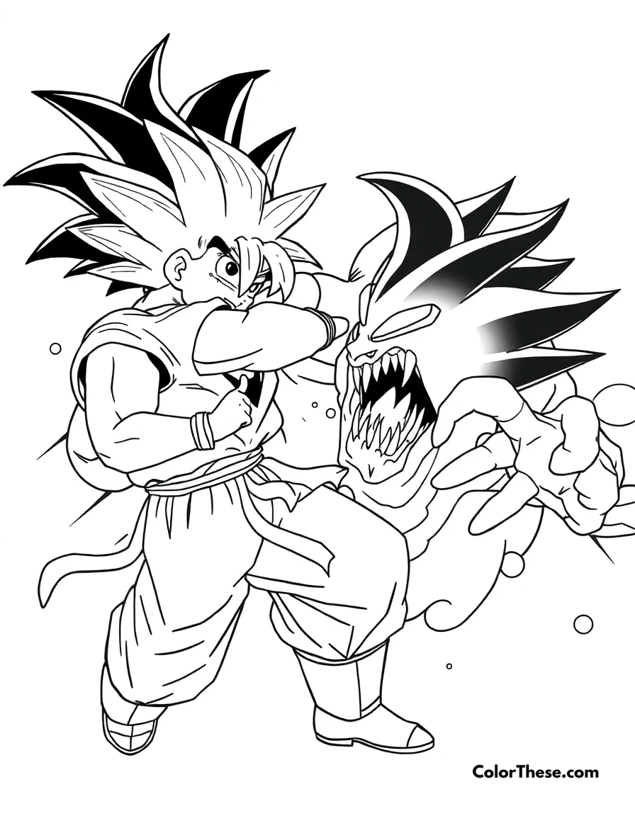 Free printable goku vs. cell coloring page for kids and adults. Goku (Dragon Ball) battling the bio-engineered monster, Cell.
