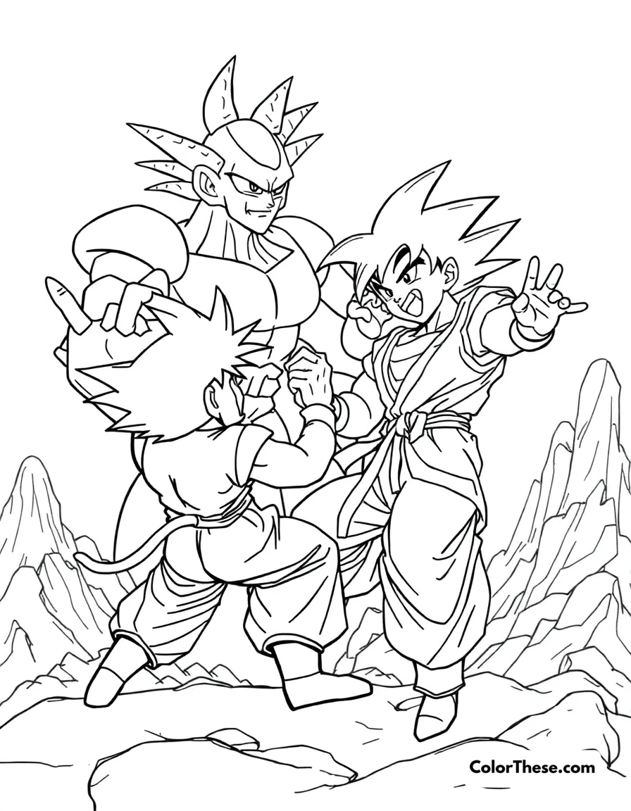 Free printable goku vs. frieza coloring page for kids and adults. Goku (Dragon Ball) battling the tyrant Frieza on Planet Namek.