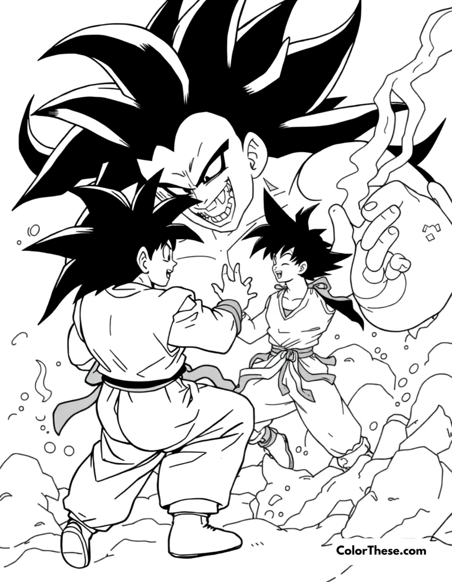 Free printable goku vs. majin buu coloring page for kids and adults. Goku (Dragon Ball) battling the magical Majin Buu.