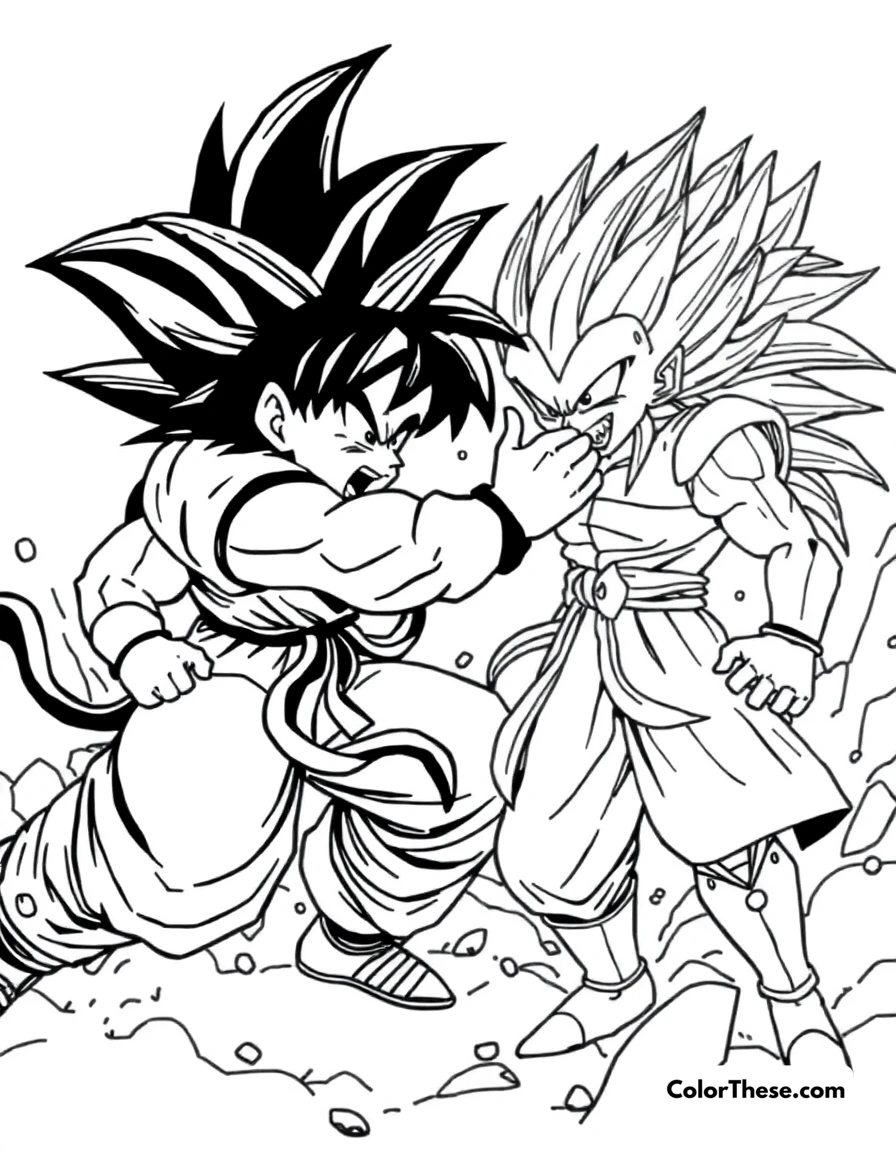 Free printable goku vs. vegeta coloring page for kids and adults. Goku (Dragon Ball) battling his rival, Vegeta, in an epic showdown.