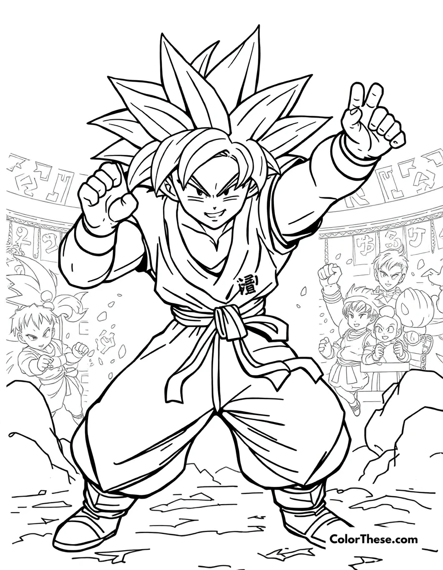 Free printable goku in the world tournament coloring page for kids and adults. Goku (Dragon Ball) competing in the World Martial Arts Tournament.