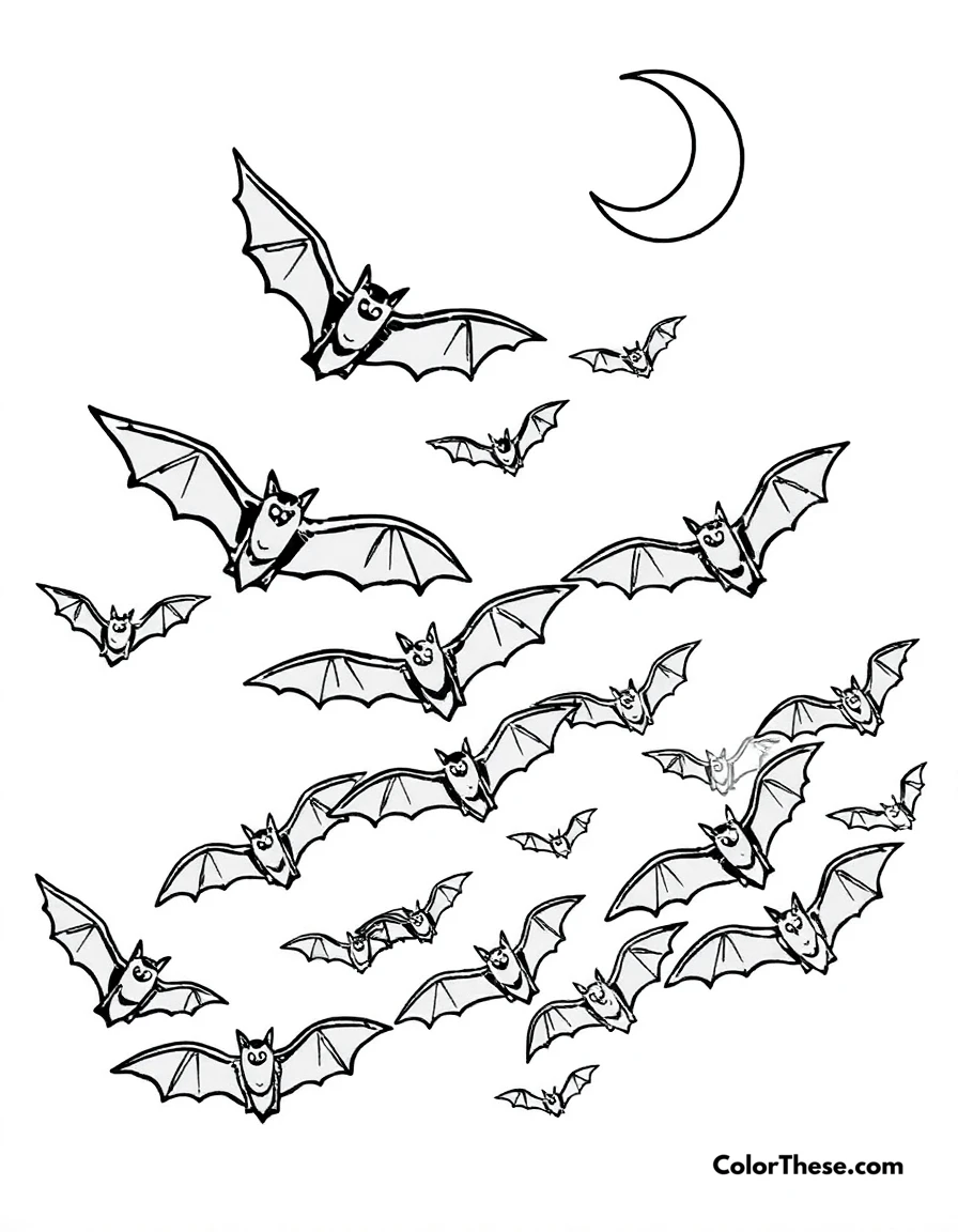 Free printable bat swarm in the night sky coloring page for kids and adults. A swarm of bats flying under a crescent moon.