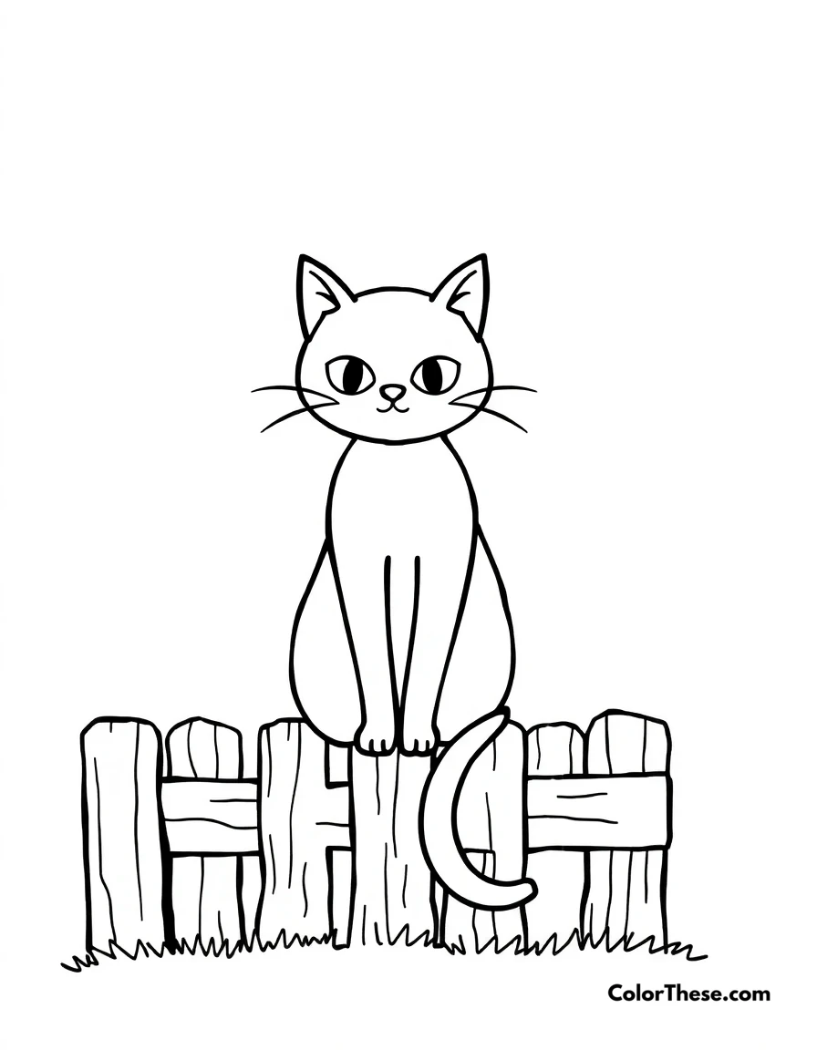 Free printable black cat on a fence coloring page for kids and adults. A black cat sitting on a wooden fence under a crescent moon.