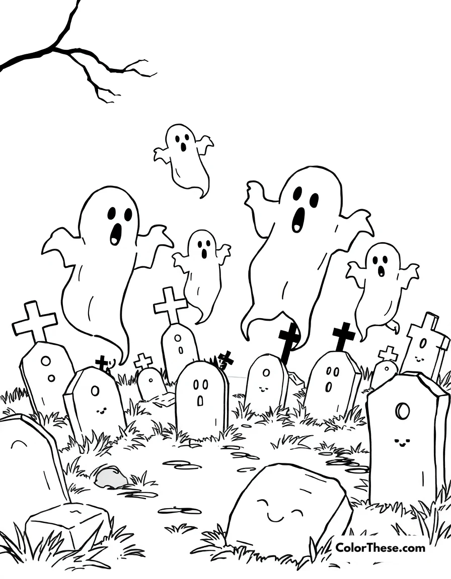 Free printable ghosts in a graveyard coloring page for kids and adults. A group of ghosts floating in a spooky graveyard.