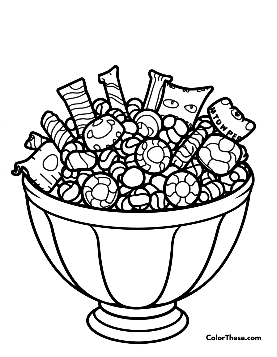 Free printable halloween candy bowl coloring page for kids and adults. A bowl filled with assorted Halloween candies.