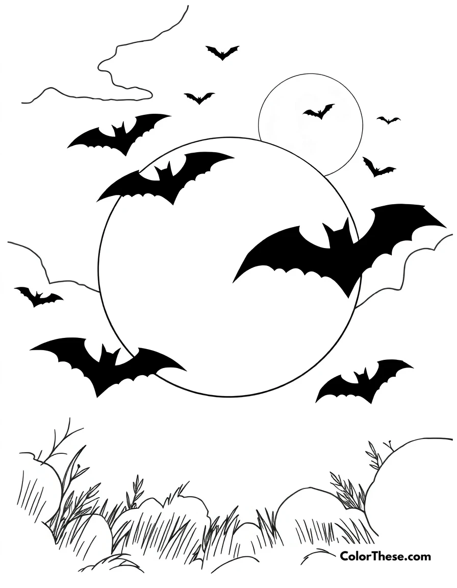 Free printable halloween night sky coloring page for kids and adults. A spooky night sky with a full moon and bats.