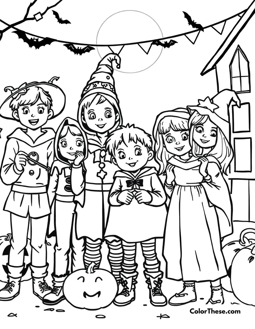 Free printable halloween party scene coloring page for kids and adults. A group of kids in costumes at a Halloween party.