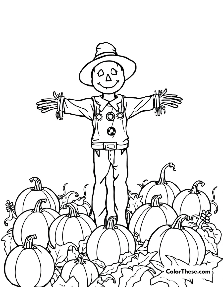 Free printable halloween scarecrow in a field coloring page for kids and adults. A scarecrow standing in a pumpkin field.