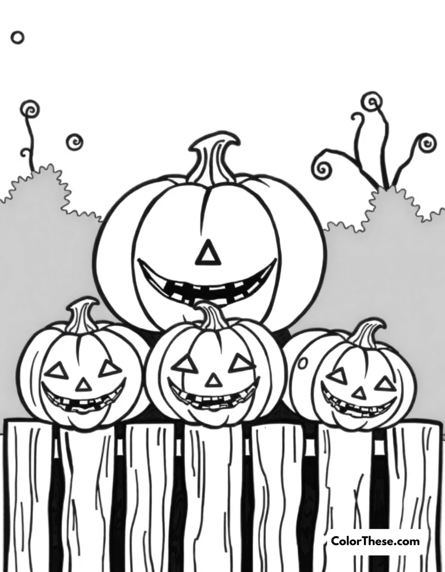 Free printable jack-o'-lanterns on a fence coloring page for kids and adults. A row of carved pumpkins sitting on a wooden fence.