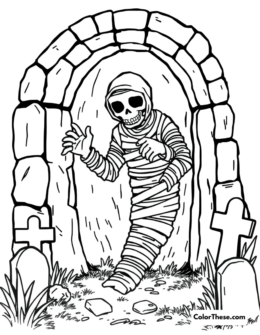Free printable mummy in a tomb coloring page for kids and adults. A mummy emerging from a tomb in a graveyard.