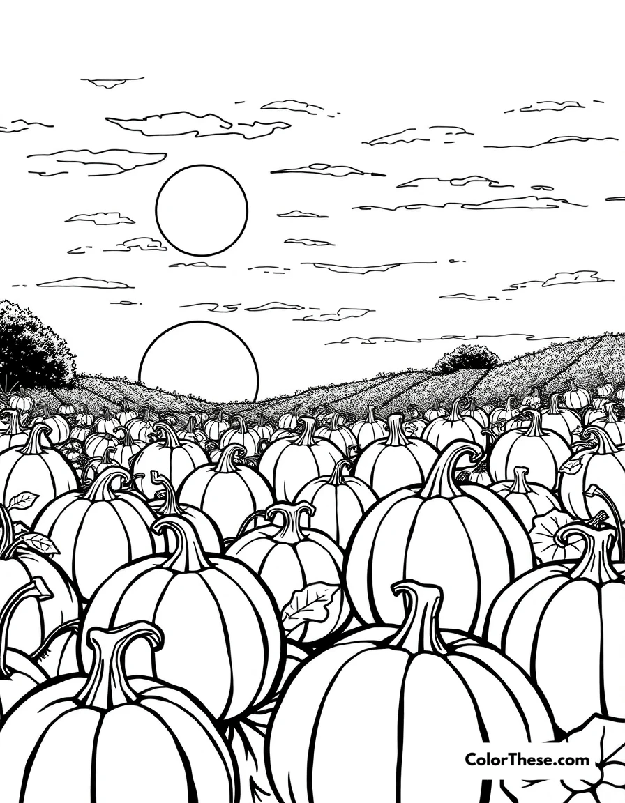 Free printable pumpkin patch at dusk coloring page for kids and adults. A pumpkin patch glowing under the evening sky.