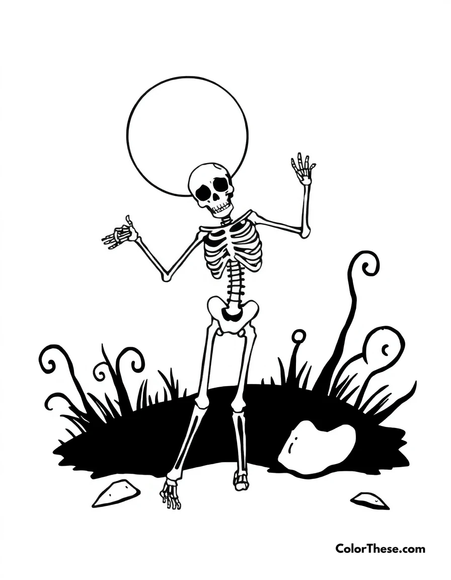 Free printable skeleton dancing in the moonlight coloring page for kids and adults. A skeleton dancing under a full moon.