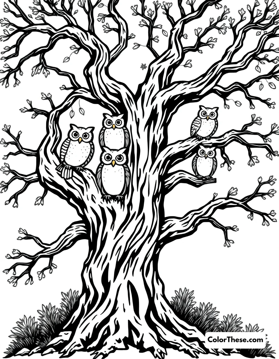 Free printable spooky tree with owls coloring page for kids and adults. A gnarled tree with owls perched on its branches.