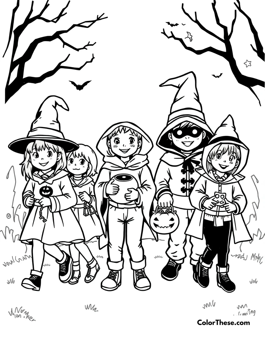 Free printable trick-or-treating kids coloring page for kids and adults. A group of kids in costumes trick-or-treating.
